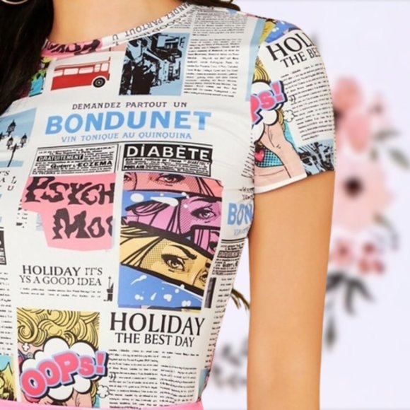 ⭐️Host Pick⭐️New Pop French Newspaper print fitted T-shirt Sizes M, L, XL - Picture 5 of 10